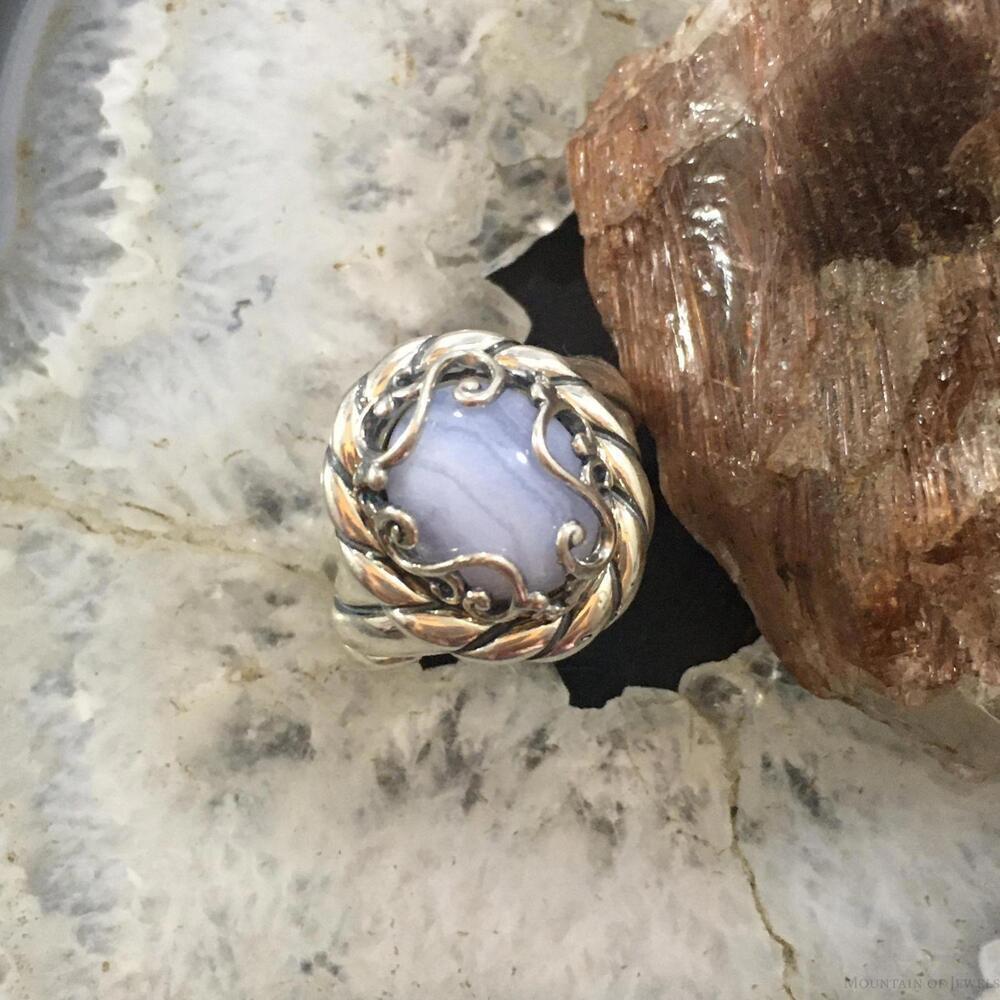 Carolyn Pollack Sterling Oval Blue Lace Agate Decorated Ring Size 8 For Women - Picture 2 of 10